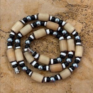 Coconut Wood Bead Necklace with Metal Spacer Accent Beads
